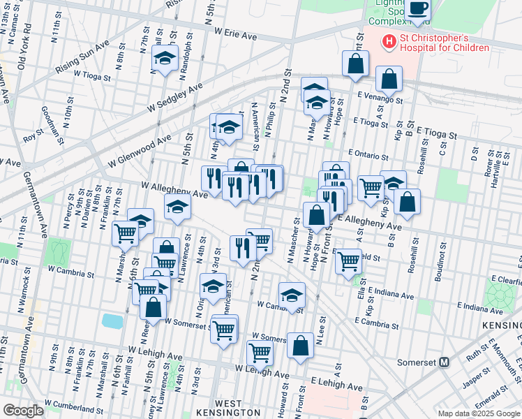 map of restaurants, bars, coffee shops, grocery stores, and more near 204 West Allegheny Avenue in Philadelphia