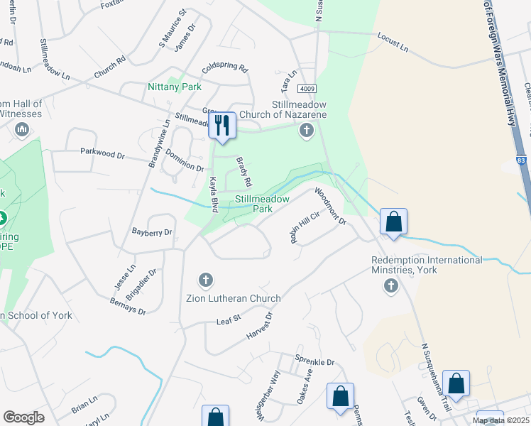 map of restaurants, bars, coffee shops, grocery stores, and more near 2797 Woodmont Drive in York