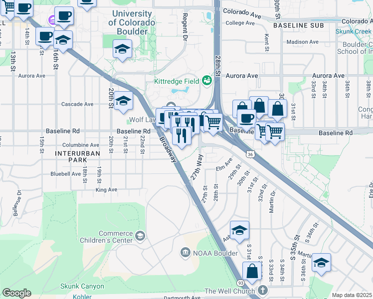 map of restaurants, bars, coffee shops, grocery stores, and more near 2580 Baseline Road in Boulder