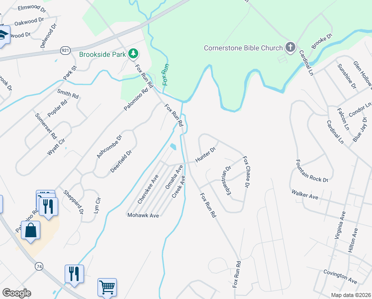 map of restaurants, bars, coffee shops, grocery stores, and more near Fox Run Road in Dover