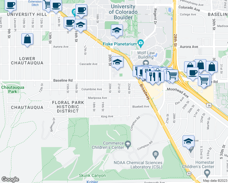 map of restaurants, bars, coffee shops, grocery stores, and more near 2030 Columbine Avenue in Boulder