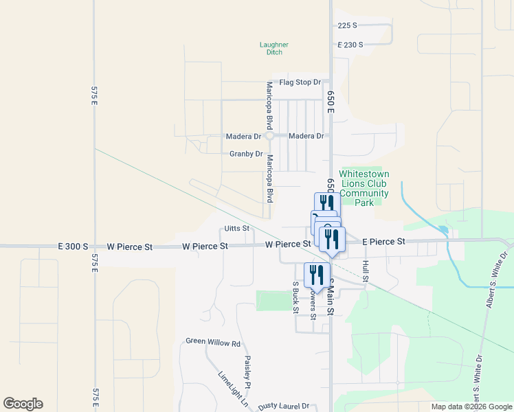 map of restaurants, bars, coffee shops, grocery stores, and more near 2840 Maricopa Blvd in Whitestown
