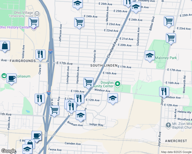 map of restaurants, bars, coffee shops, grocery stores, and more near 1621-1623 Cleveland Avenue in Columbus