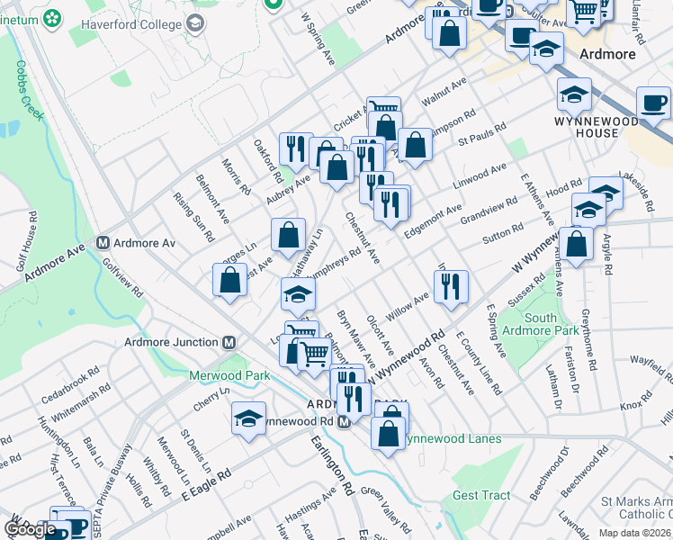 map of restaurants, bars, coffee shops, grocery stores, and more near 749 Humphreys Road in Ardmore