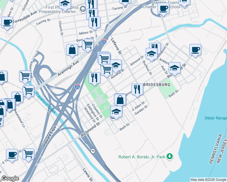 map of restaurants, bars, coffee shops, grocery stores, and more near 2654 Orthodox Street in Philadelphia