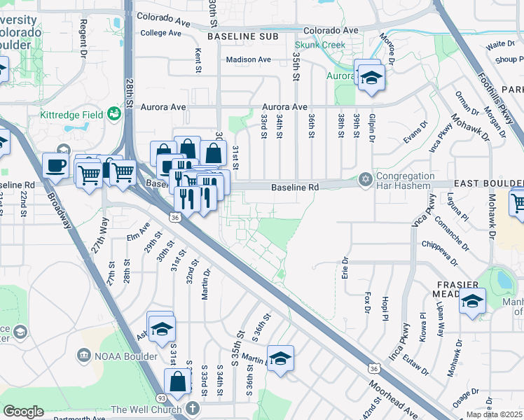 map of restaurants, bars, coffee shops, grocery stores, and more near 3300 Baseline Road in Boulder