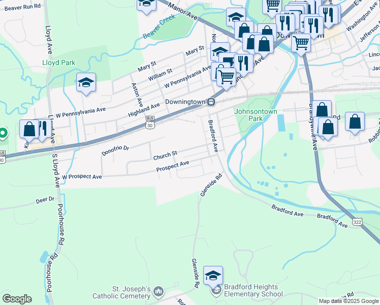map of restaurants, bars, coffee shops, grocery stores, and more near 248 Church Street in Downingtown
