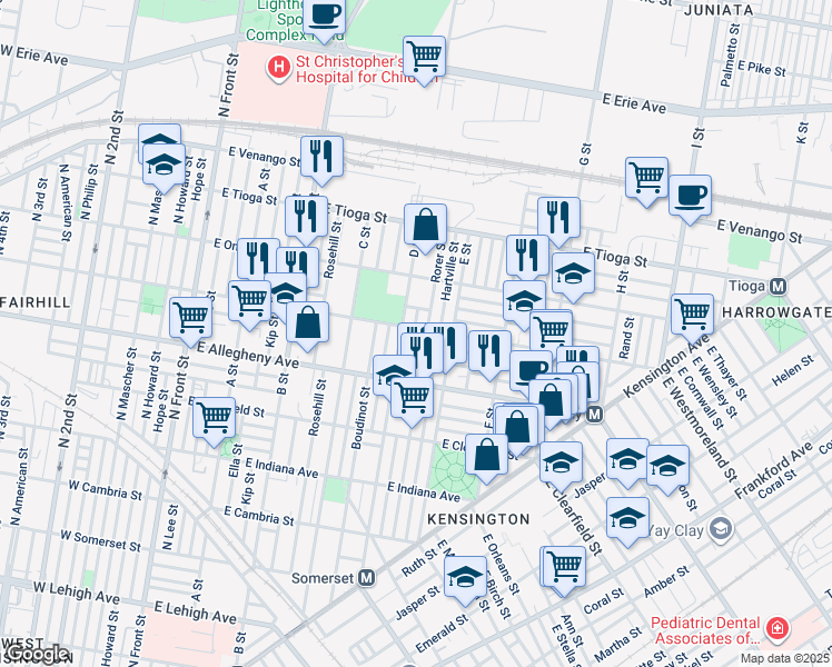map of restaurants, bars, coffee shops, grocery stores, and more near 512 East Westmoreland Street in Philadelphia