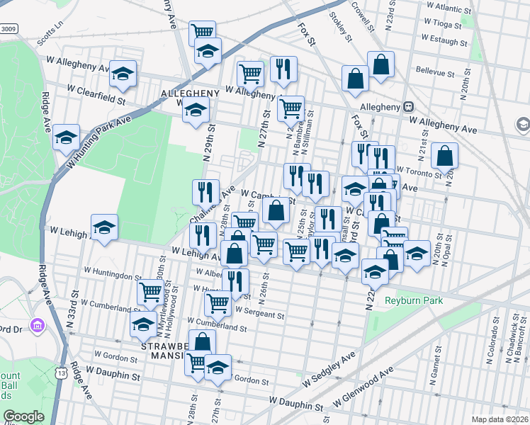 map of restaurants, bars, coffee shops, grocery stores, and more near 2832 North Bailey Street in Philadelphia