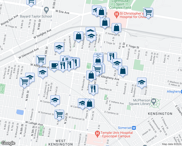 map of restaurants, bars, coffee shops, grocery stores, and more near 127 West Allegheny Avenue in Philadelphia