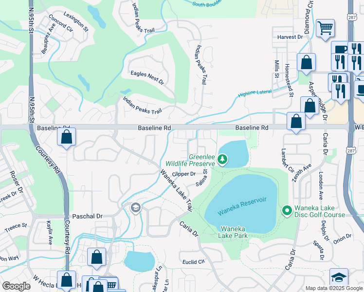 map of restaurants, bars, coffee shops, grocery stores, and more near 2103 North Fork Drive in Lafayette