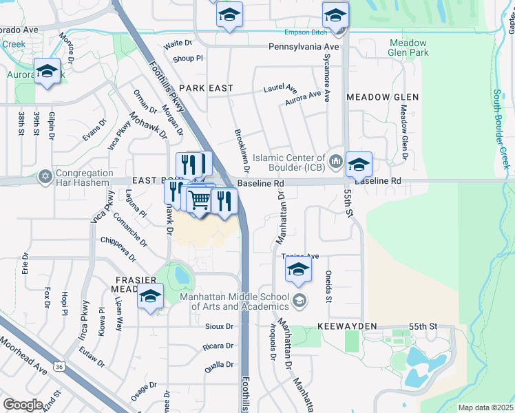 map of restaurants, bars, coffee shops, grocery stores, and more near 645 Manhattan Place in Boulder