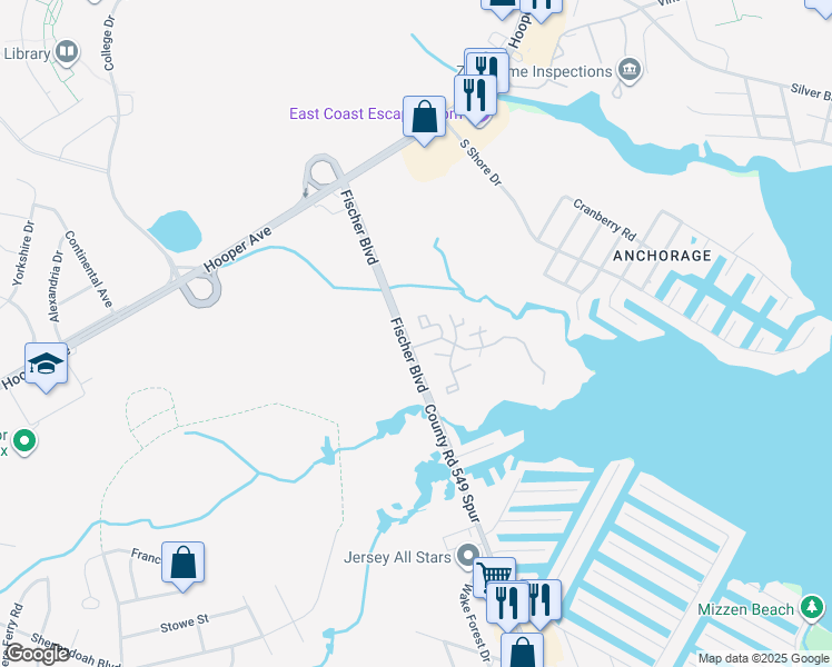 map of restaurants, bars, coffee shops, grocery stores, and more near 1319 Waters Edge Drive in Toms River