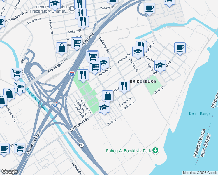 map of restaurants, bars, coffee shops, grocery stores, and more near 4437 Edgemont Street in Philadelphia