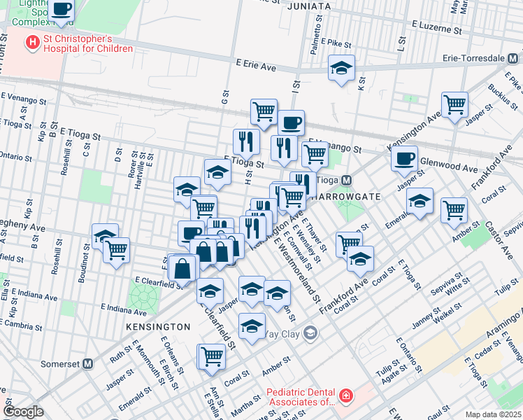 map of restaurants, bars, coffee shops, grocery stores, and more near 3347 Argyle Street in Philadelphia