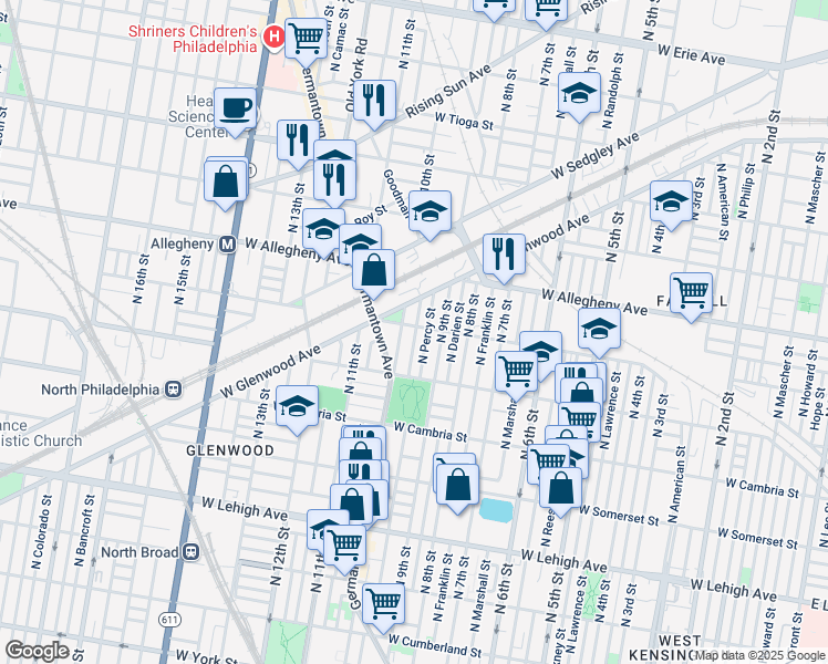 map of restaurants, bars, coffee shops, grocery stores, and more near 3068 North Percy Street in Philadelphia