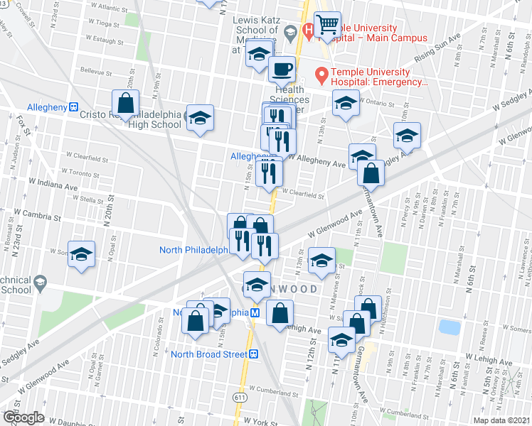 map of restaurants, bars, coffee shops, grocery stores, and more near 1430 West Mayfield Street in Philadelphia