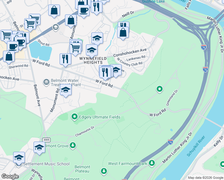 map of restaurants, bars, coffee shops, grocery stores, and more near 3900 West Ford Road in Philadelphia