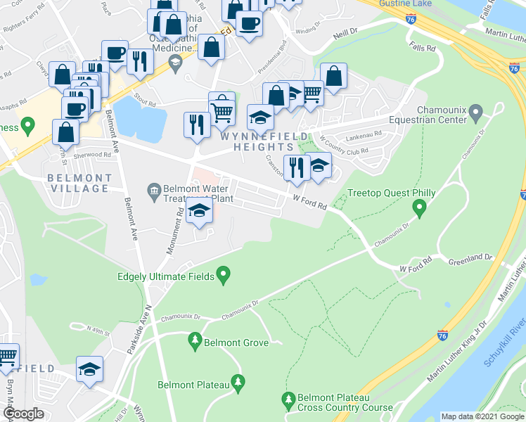 map of restaurants, bars, coffee shops, grocery stores, and more near 4034 Balwynne Park Road in Philadelphia