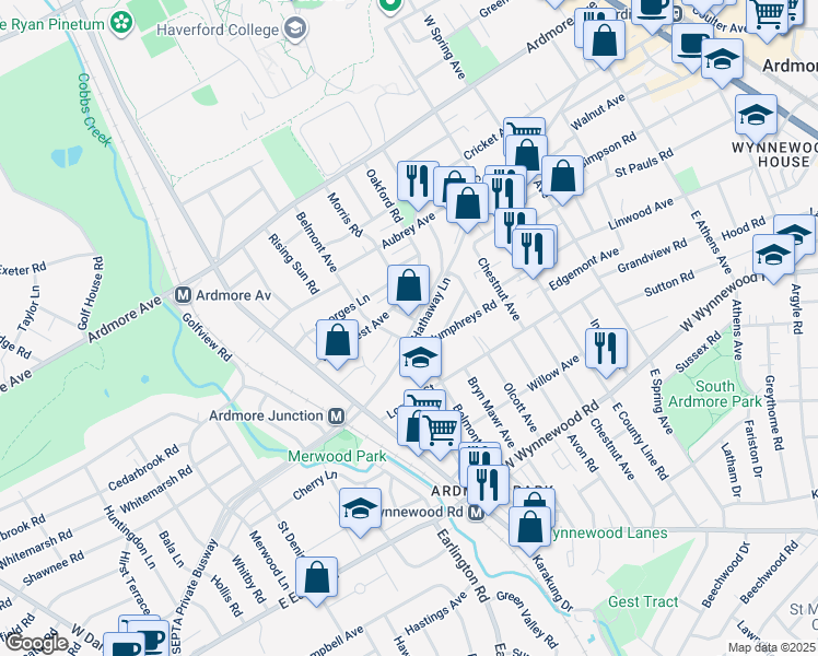 map of restaurants, bars, coffee shops, grocery stores, and more near 727 Hathaway Lane in Ardmore