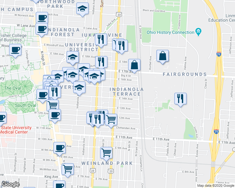 map of restaurants, bars, coffee shops, grocery stores, and more near in Columbus
