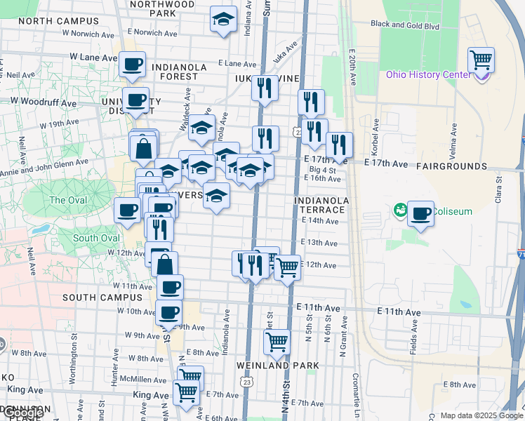 map of restaurants, bars, coffee shops, grocery stores, and more near in Columbus