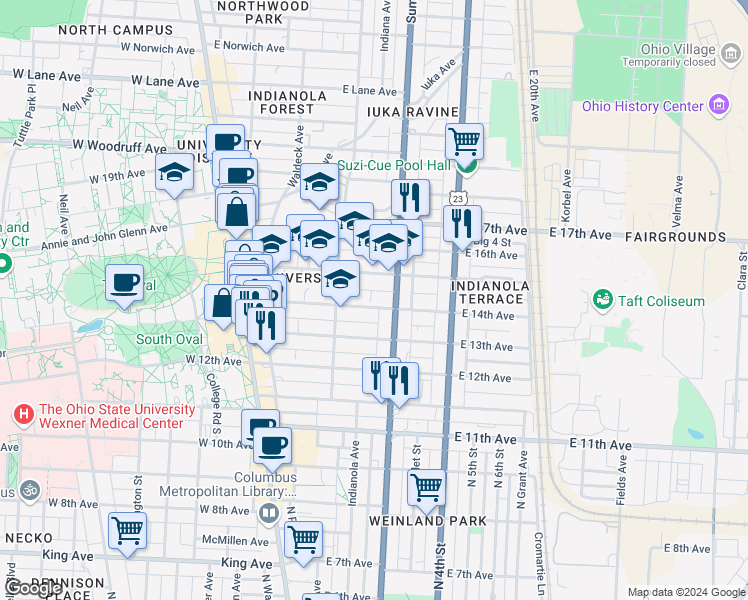 map of restaurants, bars, coffee shops, grocery stores, and more near 194 East 14th Avenue in Columbus
