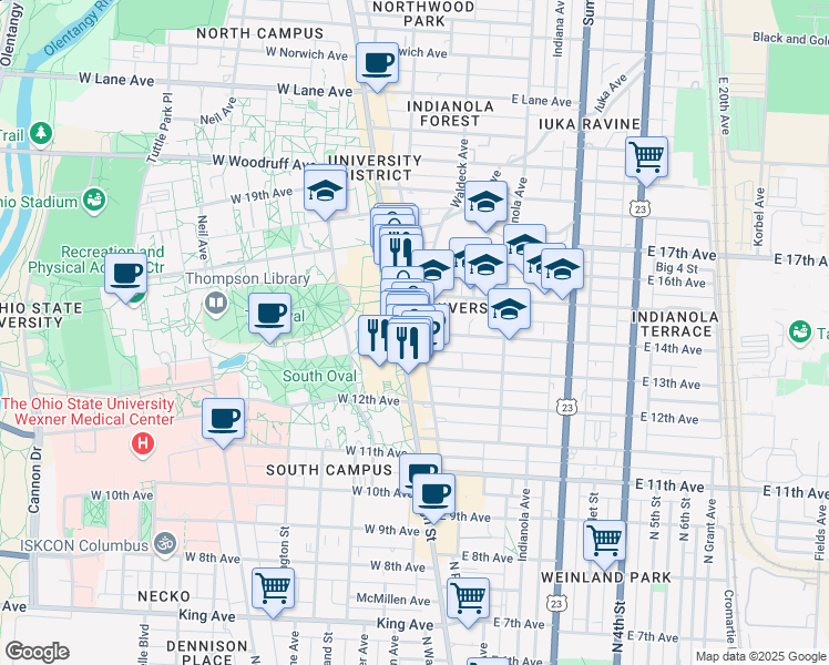 map of restaurants, bars, coffee shops, grocery stores, and more near 1814 North High Street in Columbus
