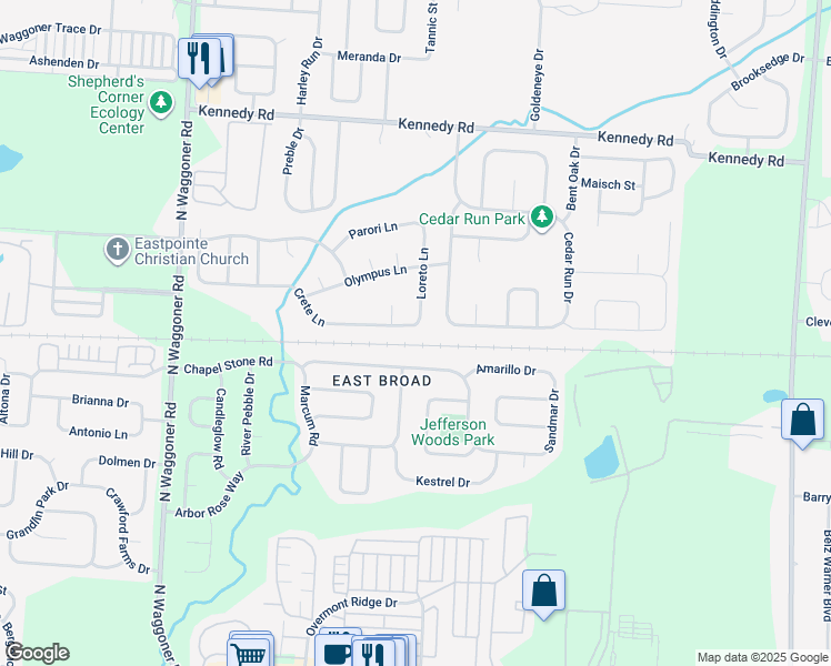 map of restaurants, bars, coffee shops, grocery stores, and more near 8347 Crete Lane in Blacklick