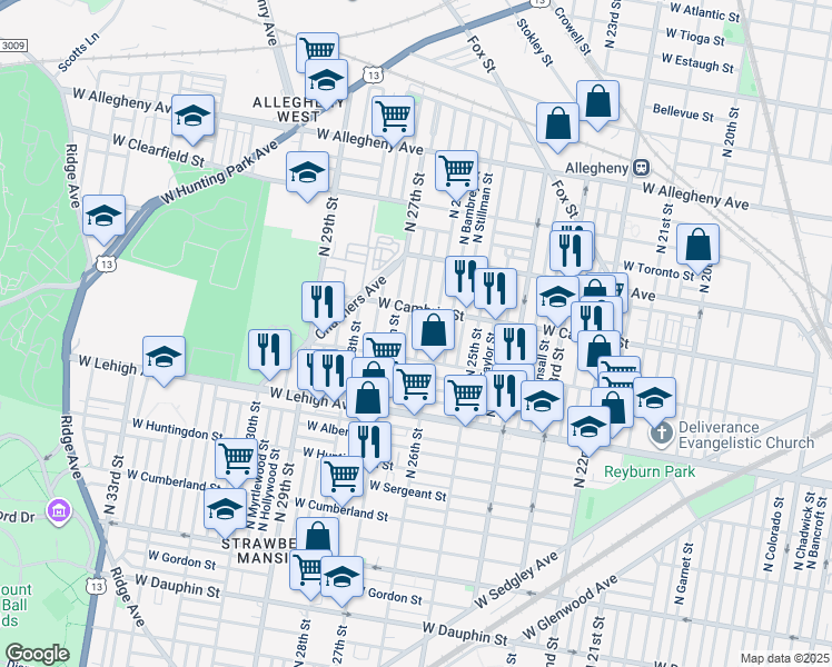 map of restaurants, bars, coffee shops, grocery stores, and more near 2832 North Bailey Street in Philadelphia