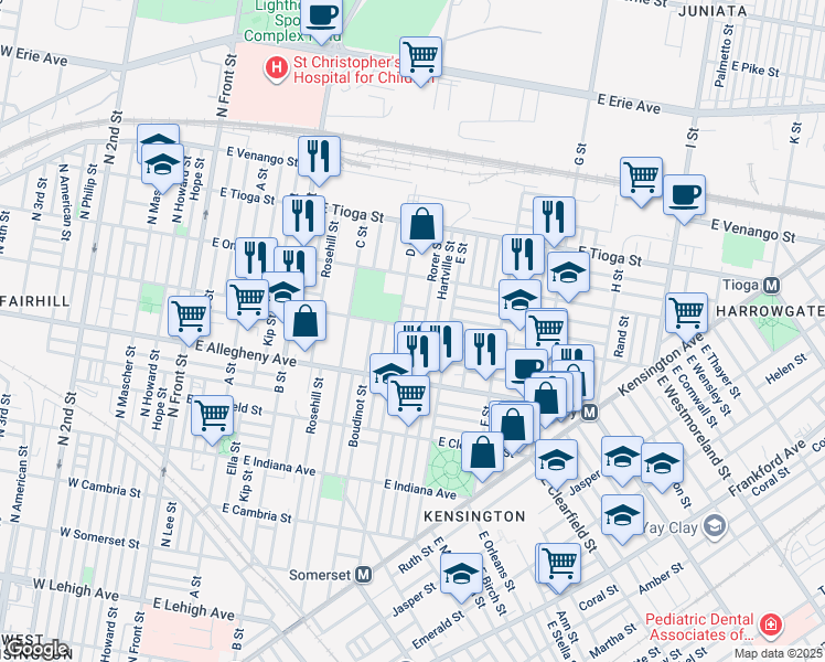 map of restaurants, bars, coffee shops, grocery stores, and more near 512 East Westmoreland Street in Philadelphia