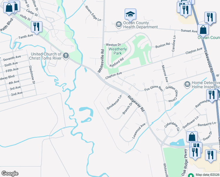 map of restaurants, bars, coffee shops, grocery stores, and more near 1468 Whitesville Road in Toms River