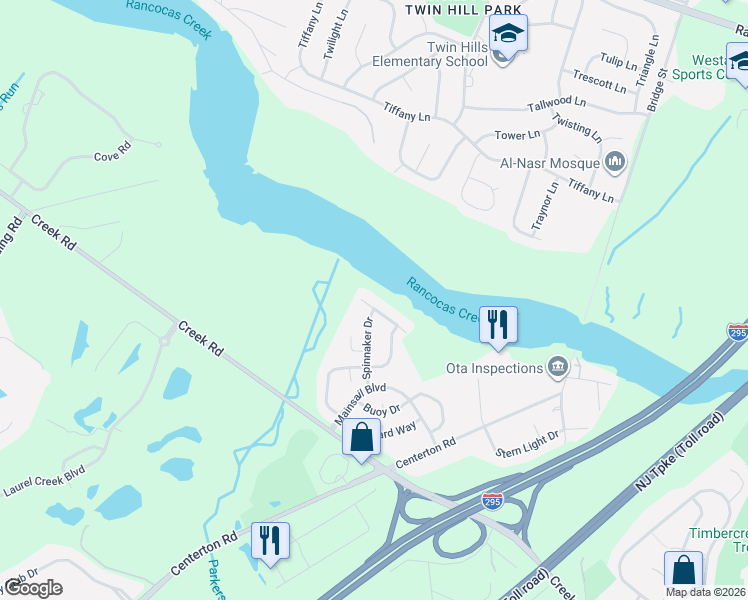 map of restaurants, bars, coffee shops, grocery stores, and more near 9 Overlook Drive in Mount Laurel Township