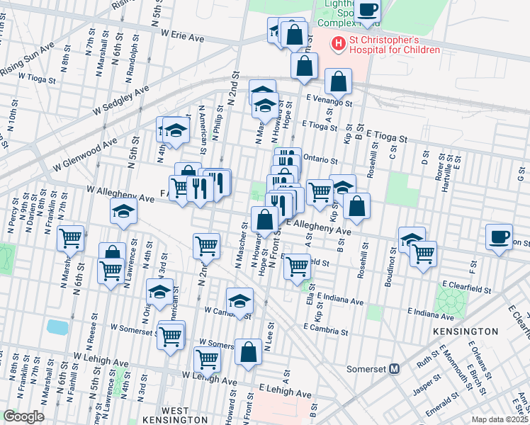 map of restaurants, bars, coffee shops, grocery stores, and more near 127 West Allegheny Avenue in Philadelphia