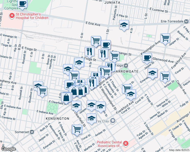 map of restaurants, bars, coffee shops, grocery stores, and more near 3347 Argyle Street in Philadelphia