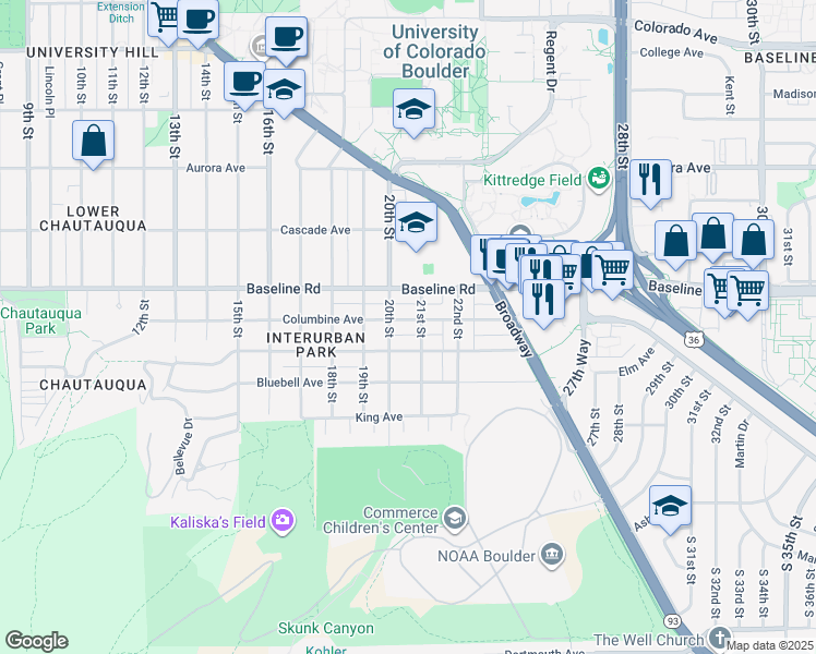 map of restaurants, bars, coffee shops, grocery stores, and more near 2030 Columbine Avenue in Boulder