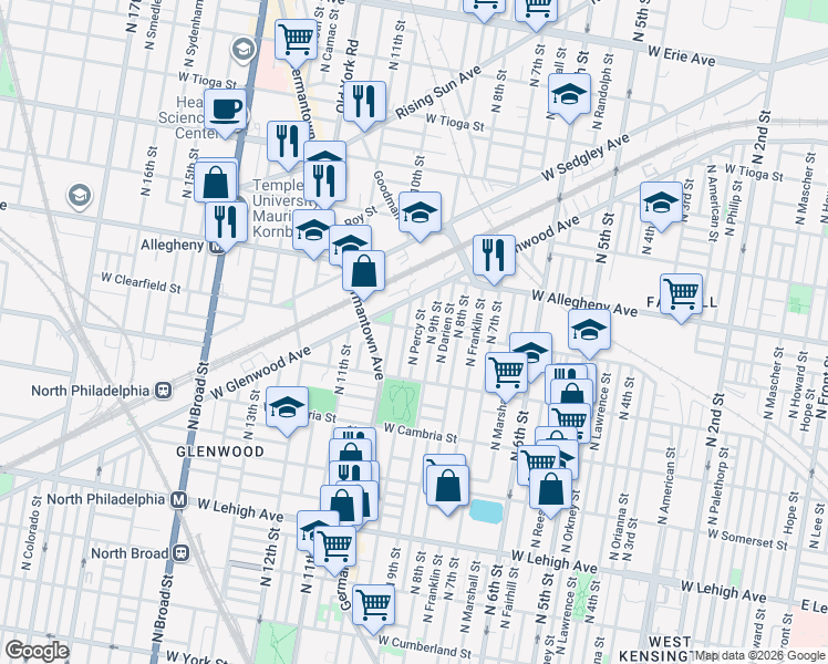 map of restaurants, bars, coffee shops, grocery stores, and more near 3068 North Percy Street in Philadelphia