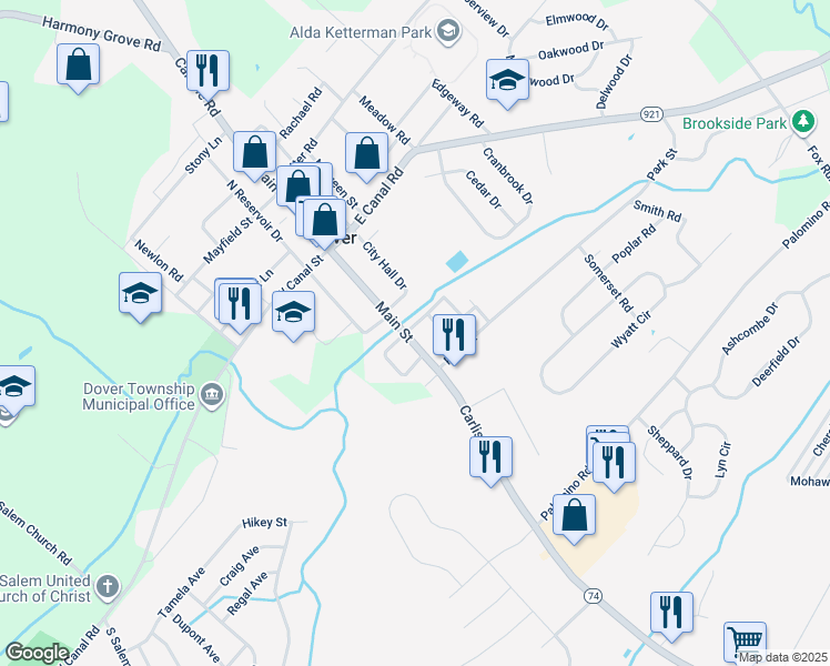 map of restaurants, bars, coffee shops, grocery stores, and more near 75 South Main Street in Dover