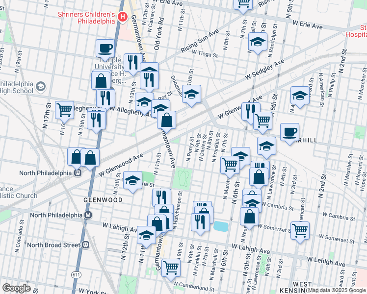 map of restaurants, bars, coffee shops, grocery stores, and more near 3064 North Hutchinson Street in Philadelphia