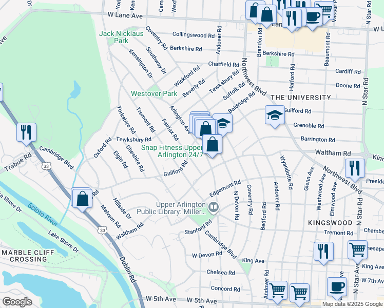 map of restaurants, bars, coffee shops, grocery stores, and more near 2025 Guilford Road in Columbus
