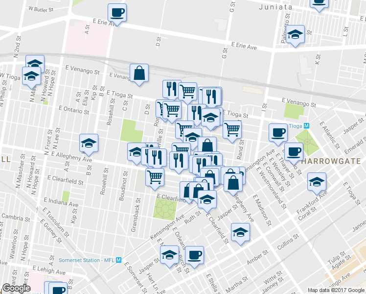 map of restaurants, bars, coffee shops, grocery stores, and more near 658 East Cornwall Street in Philadelphia