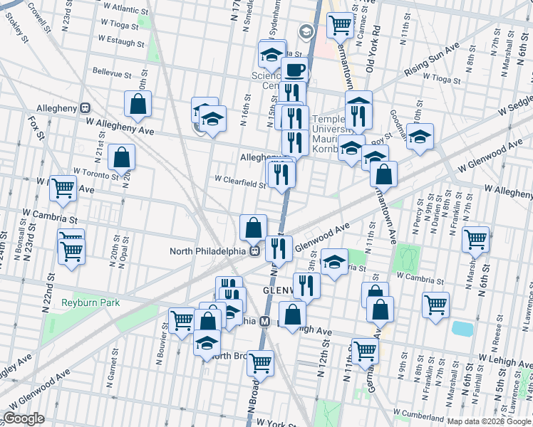 map of restaurants, bars, coffee shops, grocery stores, and more near 1430 West Mayfield Street in Philadelphia