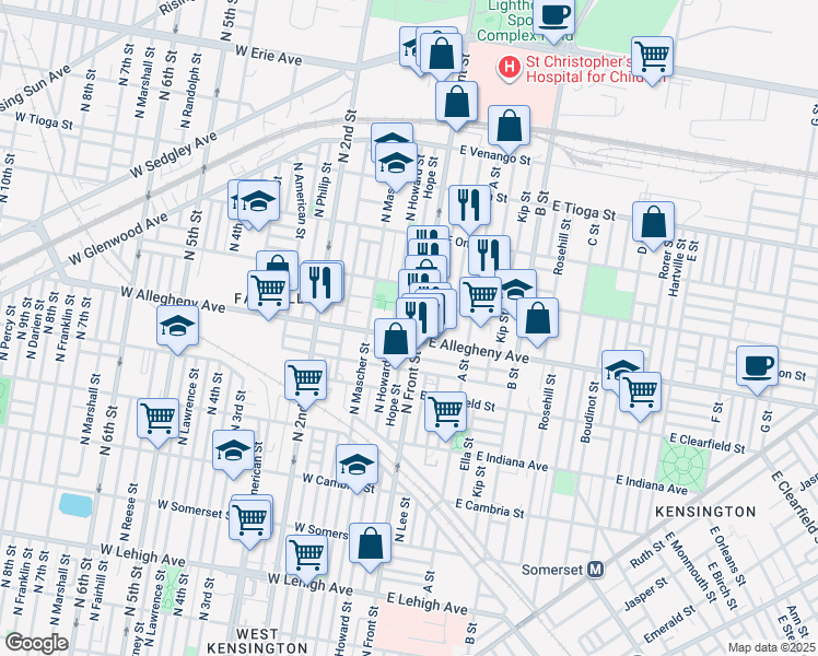 map of restaurants, bars, coffee shops, grocery stores, and more near 113 West Allegheny Avenue in Philadelphia