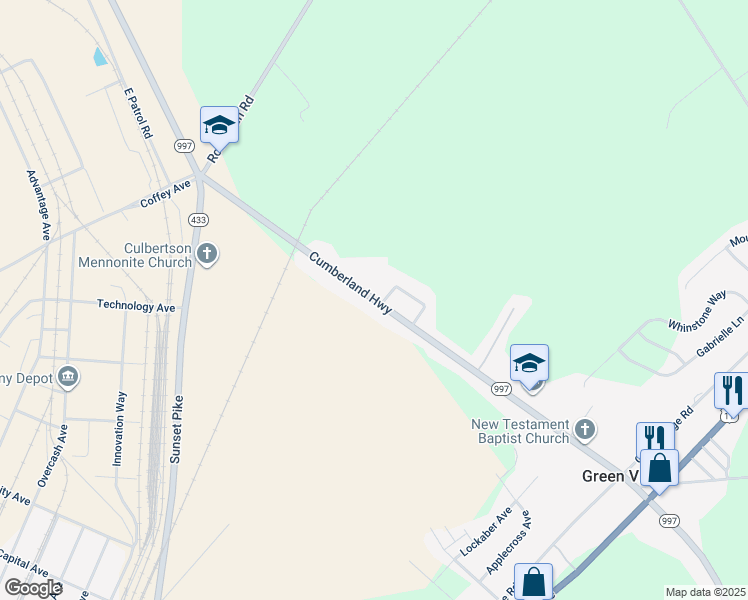 map of restaurants, bars, coffee shops, grocery stores, and more near 5649 Cumberland Highway in Chambersburg