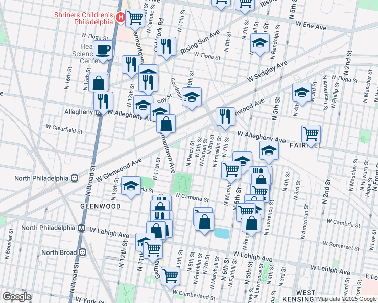 map of restaurants, bars, coffee shops, grocery stores, and more near 3068 North Percy Street in Philadelphia