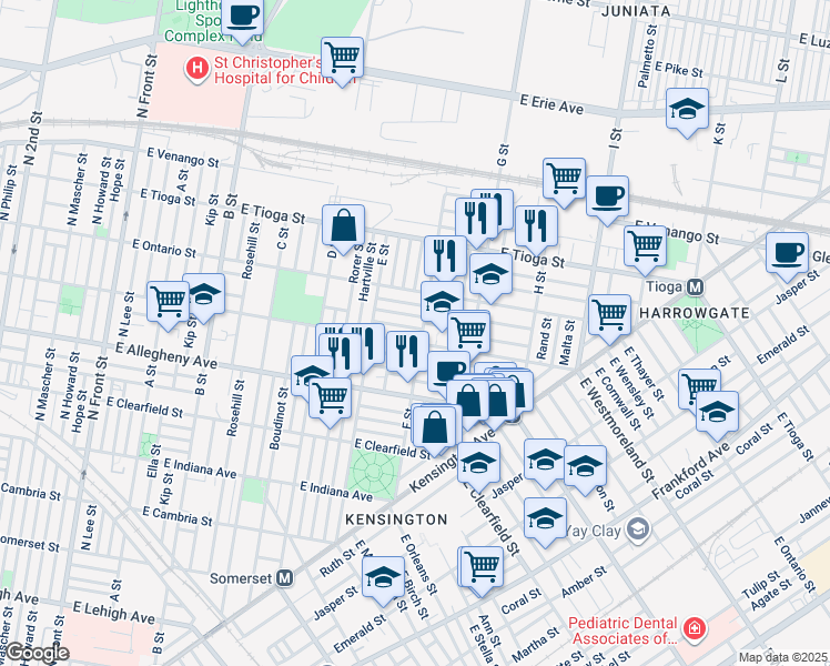 map of restaurants, bars, coffee shops, grocery stores, and more near 658 East Cornwall Street in Philadelphia