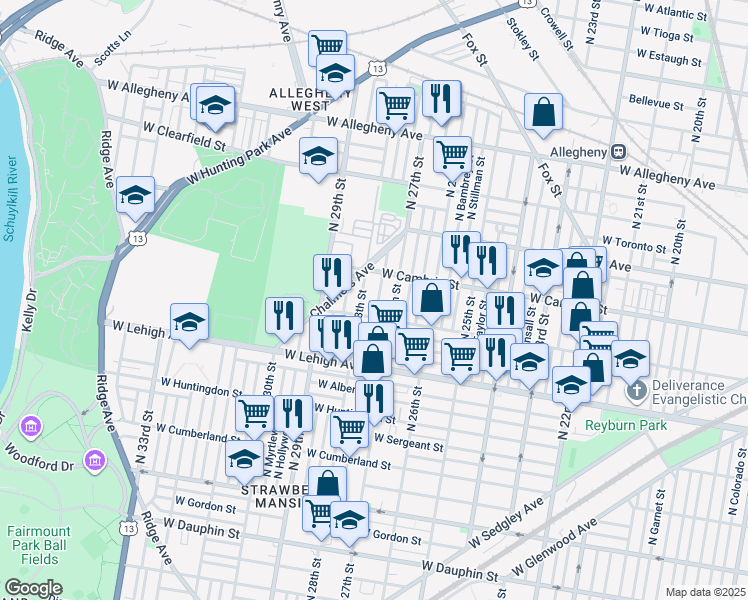 map of restaurants, bars, coffee shops, grocery stores, and more near 2820 North Marston Street in Philadelphia