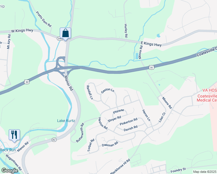 map of restaurants, bars, coffee shops, grocery stores, and more near 228 Gaston Lane in Coatesville