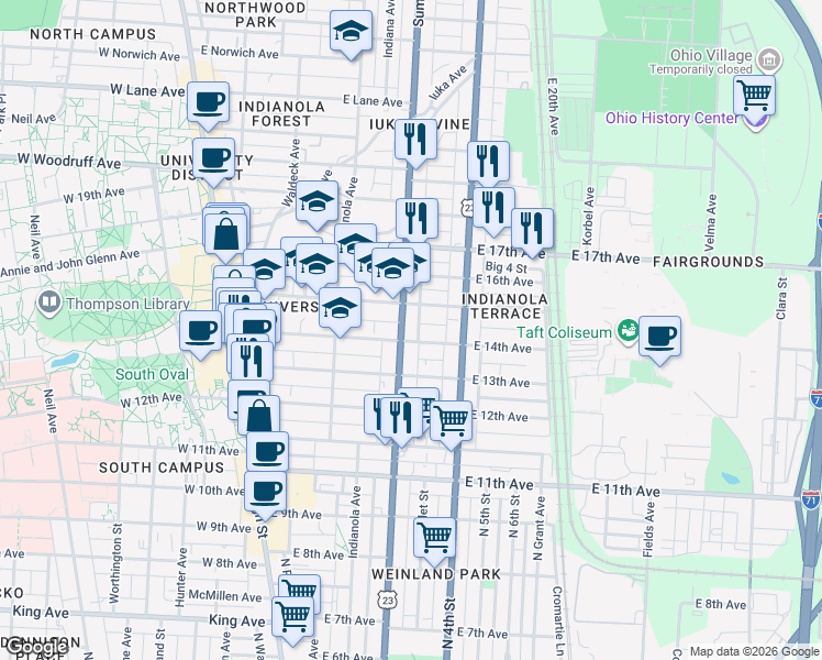 map of restaurants, bars, coffee shops, grocery stores, and more near 1770 Summit Street in Columbus