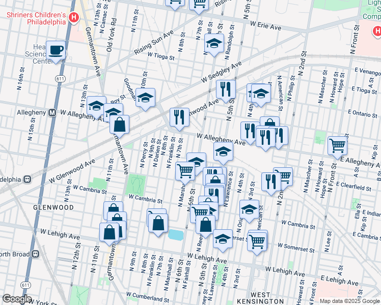 map of restaurants, bars, coffee shops, grocery stores, and more near 3116 North Wendle Street in Philadelphia